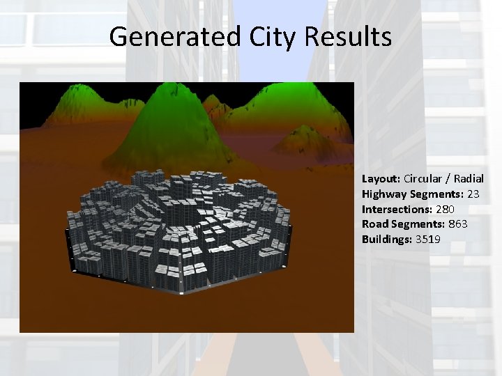 Generated City Results Layout: Circular / Radial Highway Segments: 23 Intersections: 280 Road Segments: