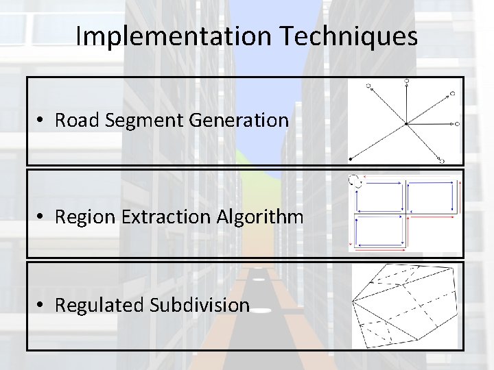 Implementation Techniques • Road Segment Generation • Region Extraction Algorithm • Regulated Subdivision 