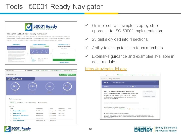 Tools: 50001 Ready Navigator ü Online tool, with simple, step-by-step approach to ISO 50001