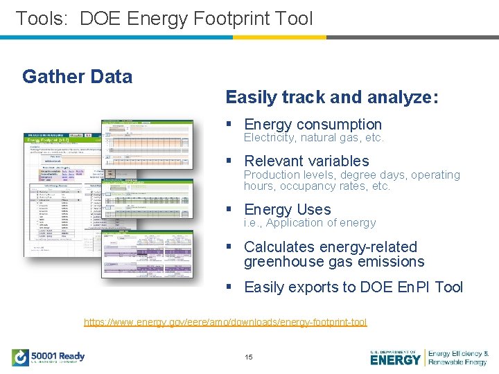 Tools: DOE Energy Footprint Tool Gather Data Easily track and analyze: § Energy consumption