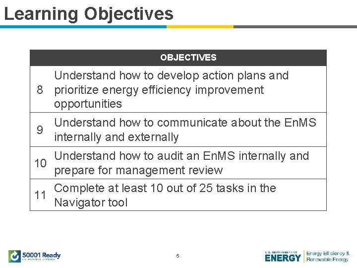 Learning Objectives OBJECTIVES Understand how to develop action plans and 8 prioritize energy efficiency