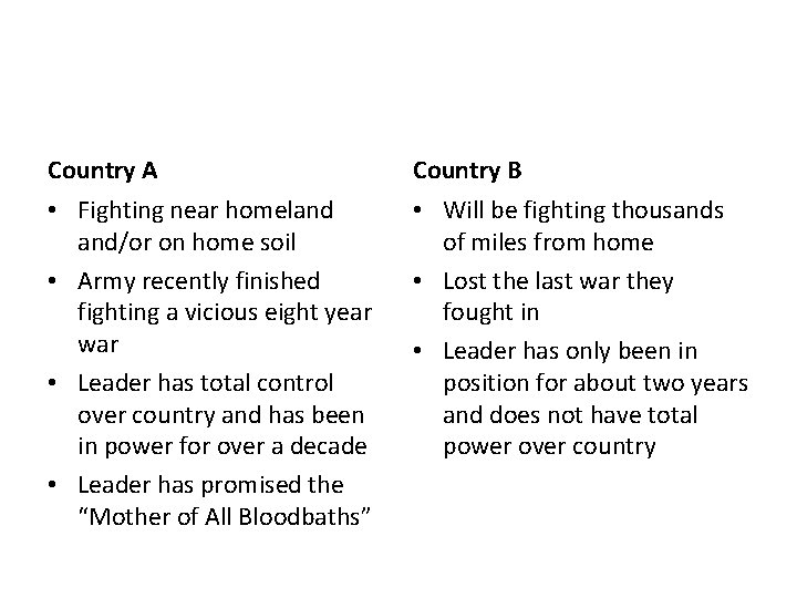 Country A Country B • Fighting near homeland and/or on home soil • Army