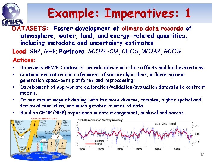 Example: Imperatives: 1 DATASETS: Foster development of climate data records of atmosphere, water, land,