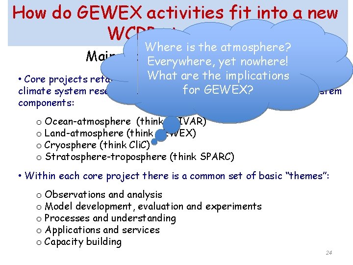 How do GEWEX activities fit into a new WCRP structure? Where is the atmosphere?
