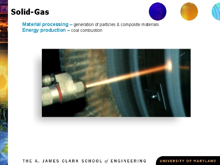 Solid-Gas Material processing – generation of particles & composite materials Energy production – coal