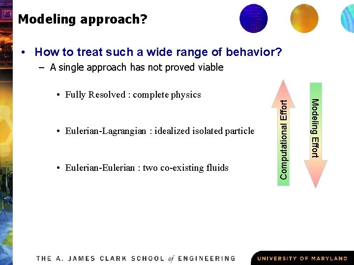 Modeling approach? • How to treat such a wide range of behavior? • Eulerian-Lagrangian