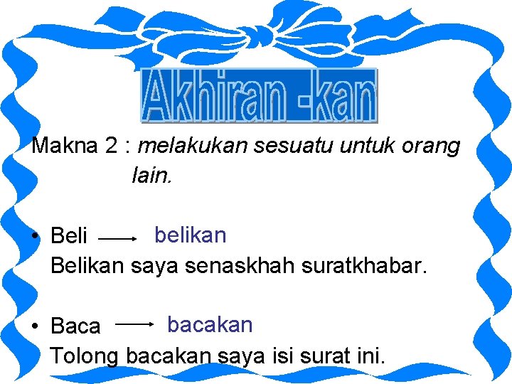 Makna 2 : melakukan sesuatu untuk orang lain. belikan • Belikan saya senaskhah suratkhabar.