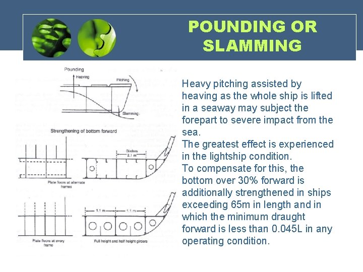 POUNDING OR SLAMMING Heavy pitching assisted by heaving as the whole ship is lifted