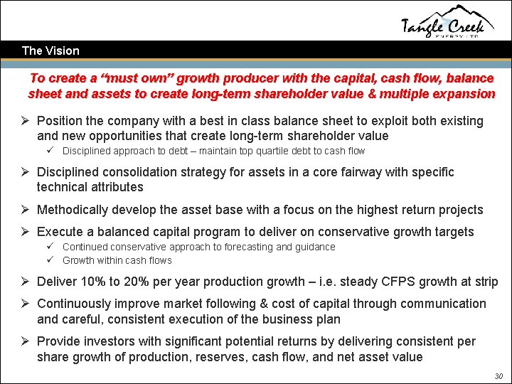 The Vision To create a “must own” growth producer with the capital, cash flow,