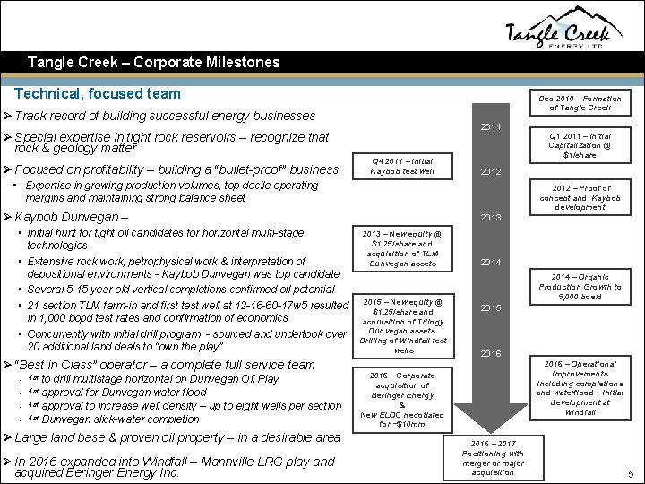  Tangle Creek – Corporate Milestones Technical, focused team Dec 2010 – Formation of