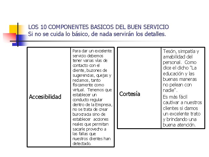 LOS 10 COMPONENTES BASICOS DEL BUEN SERVICIO Si no se cuida lo básico, de