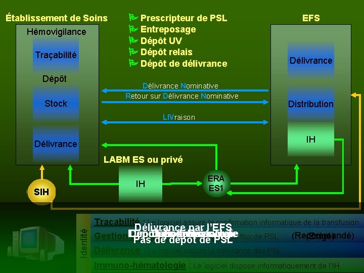 Établissement de Soins Hémovigilance Traçabilité Dépôt Prescripteur de PSL Entreposage Dépôt UV Dépôt relais