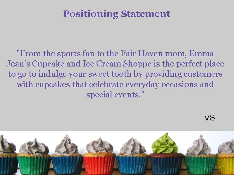 Positioning Statement "From the sports fan to the Fair Haven mom, Emma Jean’s Cupcake