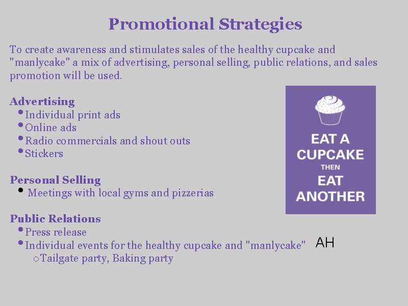 Promotional Strategies To create awareness and stimulates sales of the healthy cupcake and "manlycake"