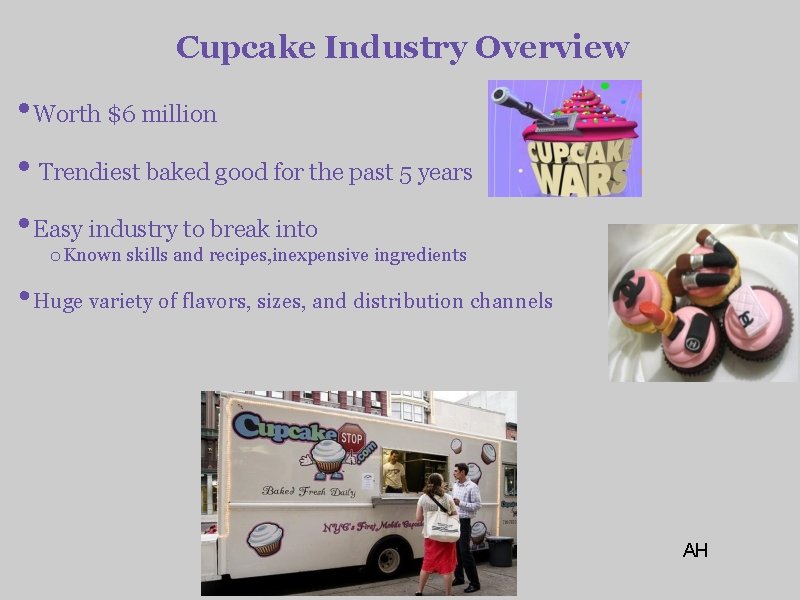 Cupcake Industry Overview • Worth $6 million • Trendiest baked good for the past