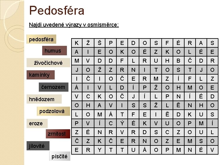 Pedosféra Najdi uvedené výrazy v osmisměrce: pedosféra K Ž Š P E D O