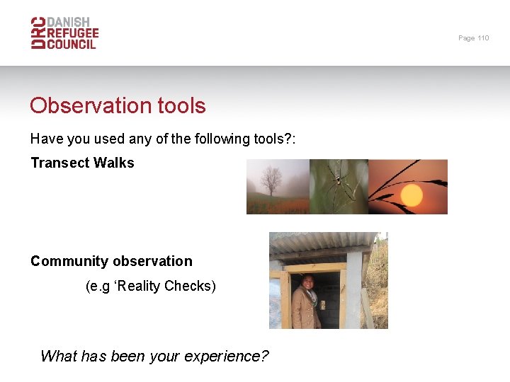 Page 110 Observation tools Have you used any of the following tools? : Transect