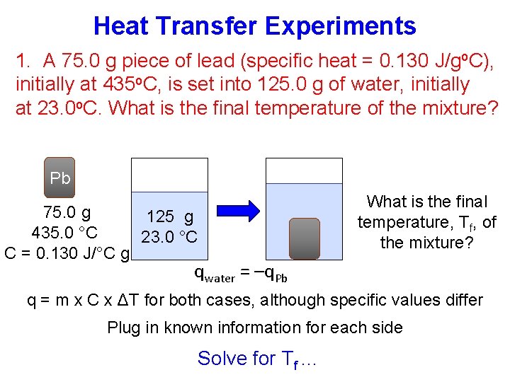 Heat Transfer Experiments 1. A 75. 0 g piece of lead (specific heat =