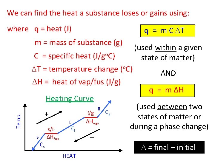 We can find the heat a substance loses or gains using: where q =