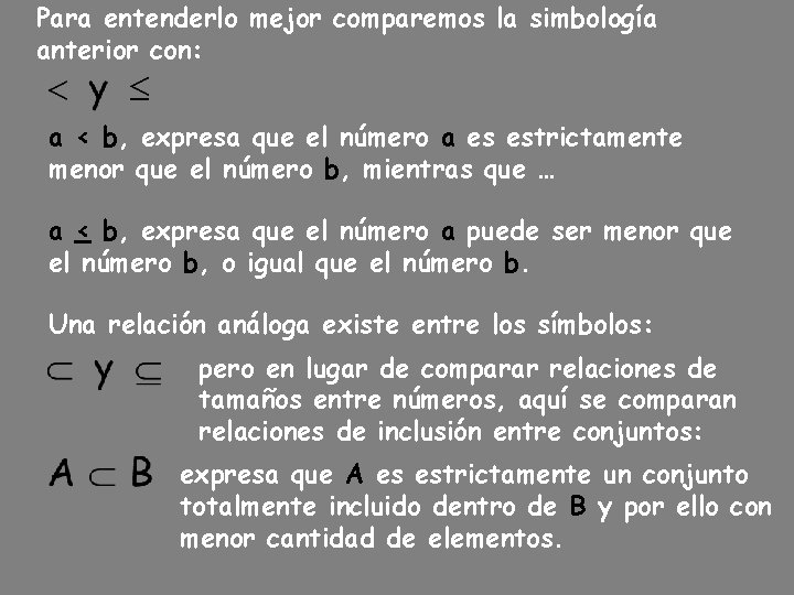 Para entenderlo mejor comparemos la simbología anterior con: a < b, expresa que el Para entenderlo mejor comparemos la simbología anterior con: a < b, expresa que el