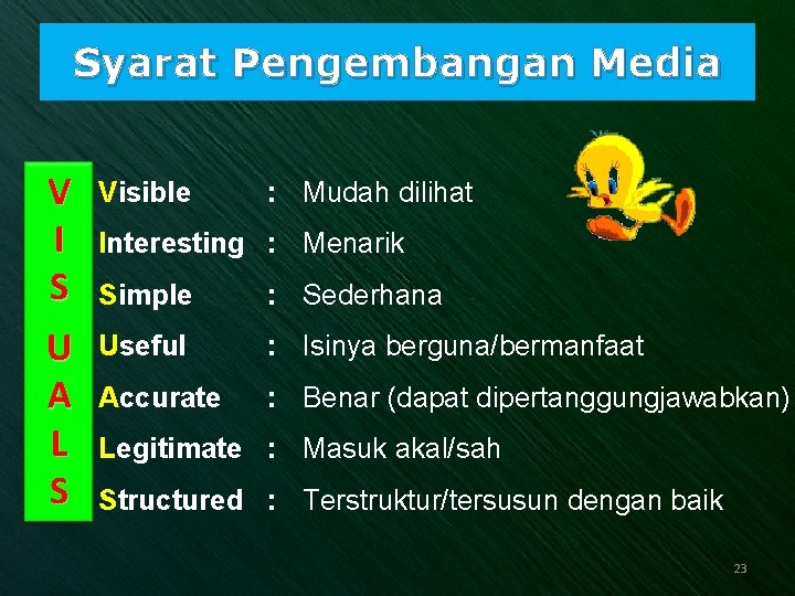 Syarat Pengembangan Media V I S U A L S Visible : Mudah dilihat