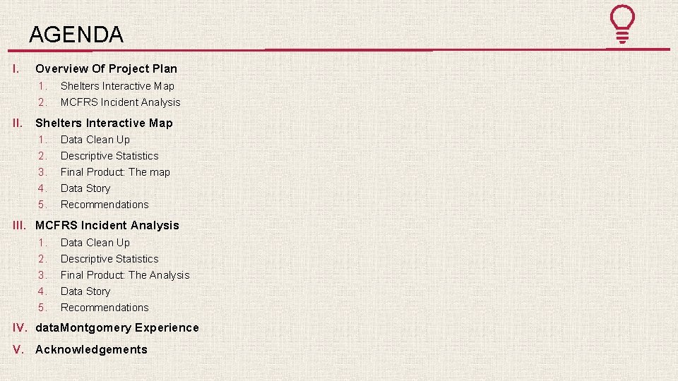 AGENDA I. Overview Of Project Plan 1. 2. Shelters Interactive Map MCFRS Incident Analysis