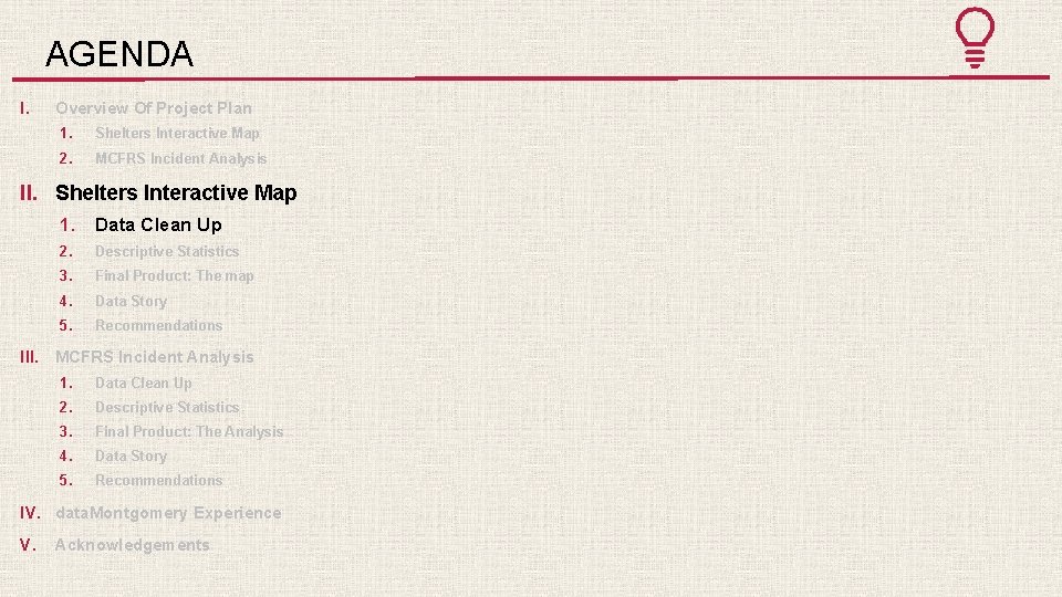 AGENDA I. Overview Of Project Plan 1. Shelters Interactive Map 2. MCFRS Incident Analysis