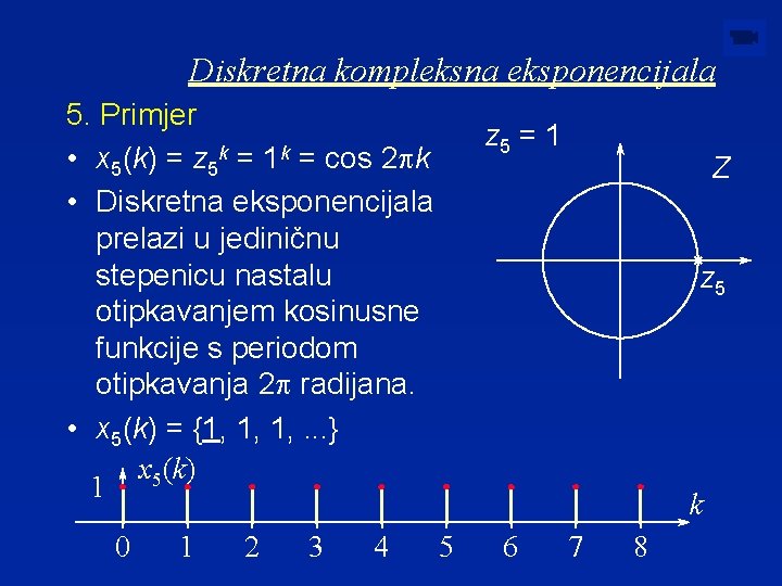 Diskretna kompleksna eksponencijala 5. Primjer • x 5(k) = z 5 k = 1