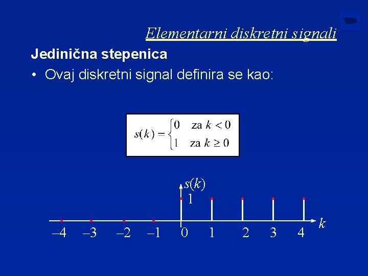 Elementarni diskretni signali Jedinična stepenica • Ovaj diskretni signal definira se kao: s(k) 1