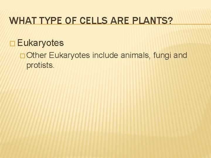 WHAT TYPE OF CELLS ARE PLANTS? � Eukaryotes � Other Eukaryotes include animals, fungi