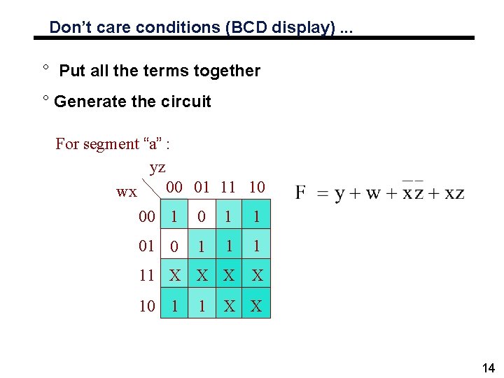 Don’t care conditions (BCD display). . . ° Put all the terms together °