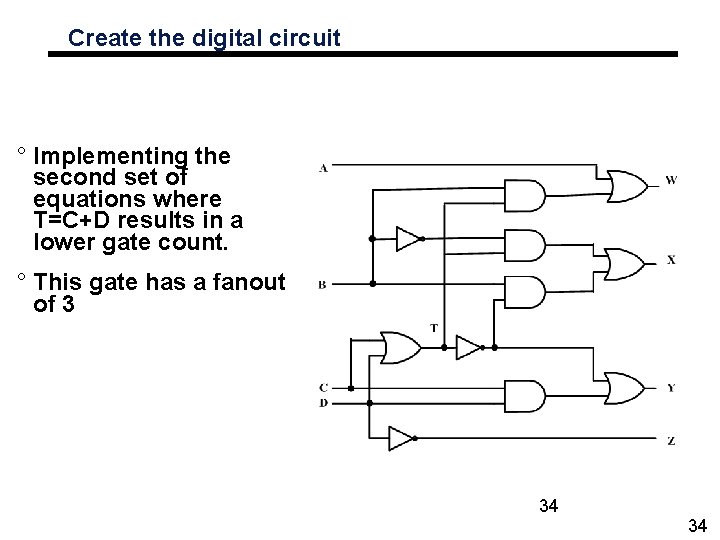 Create the digital circuit ° Implementing the second set of equations where T=C+D results
