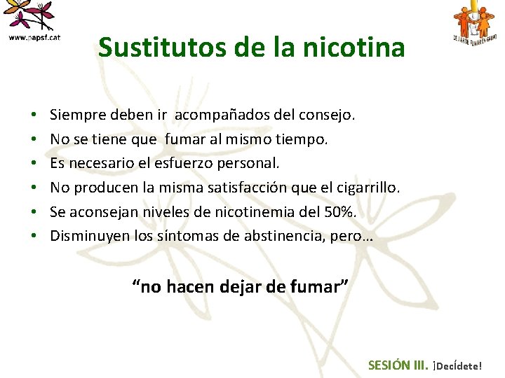 Sustitutos de la nicotina • • • Siempre deben ir acompañados del consejo. No