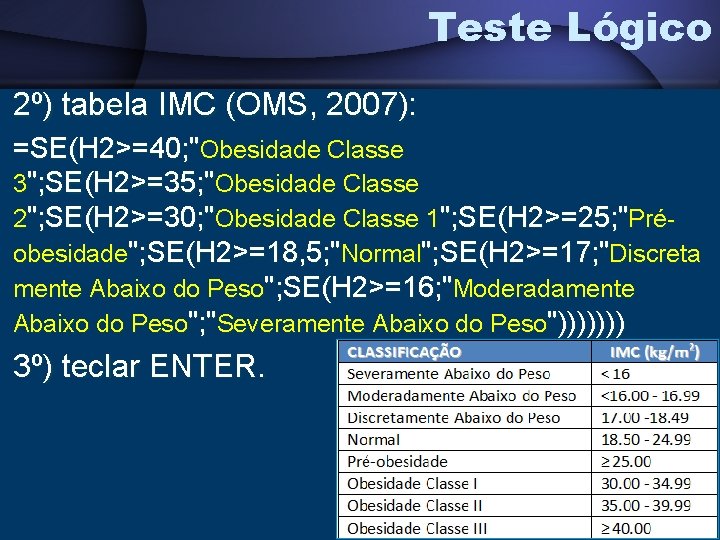 Teste Lógico 2º) tabela IMC (OMS, 2007): =SE(H 2>=40; "Obesidade Classe 3"; SE(H 2>=35;