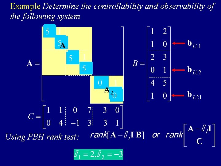 Example Determine the controllability and observability of the following system 50 05 50 50