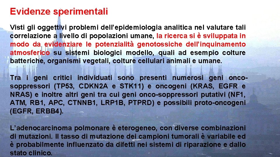 Evidenze sperimentali Visti gli oggettivi problemi dell’epidemiologia analitica nel valutare tali correlazione a livello