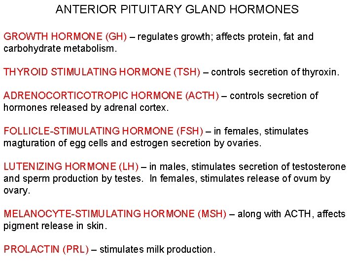 ANTERIOR PITUITARY GLAND HORMONES GROWTH HORMONE (GH) – regulates growth; affects protein, fat and