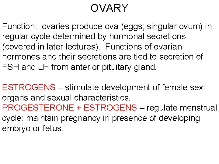 OVARY Function: ovaries produce ova (eggs; singular ovum) in regular cycle determined by hormonal