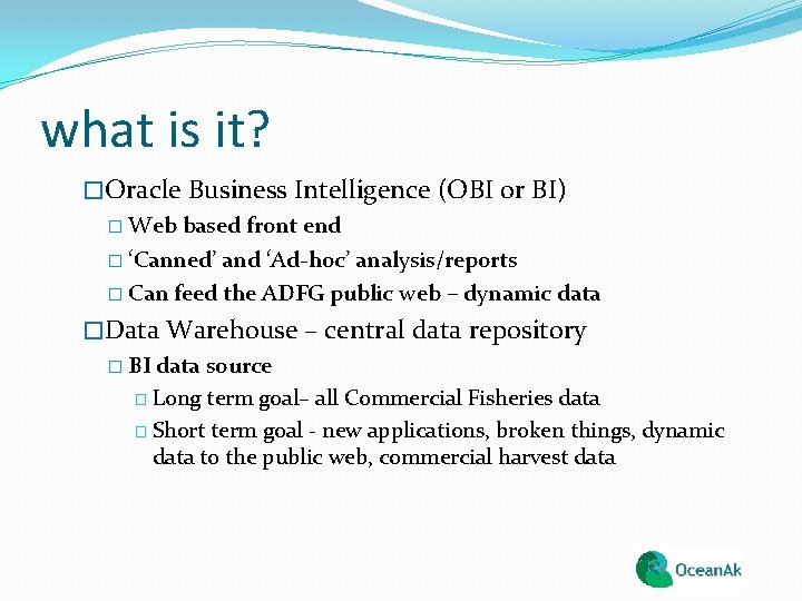 what is it? �Oracle Business Intelligence (OBI or BI) � Web based front end