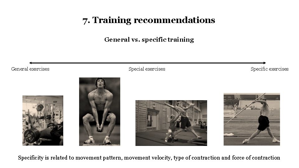 7. Training recommendations General vs. specific training General exercises Specificity is related to movement