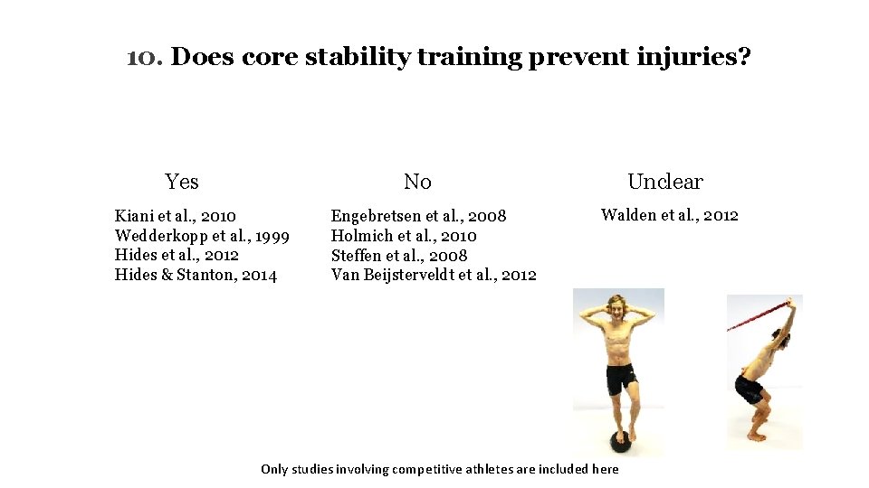 10. Does core stability training prevent injuries? Yes No Kiani et al. , 2010