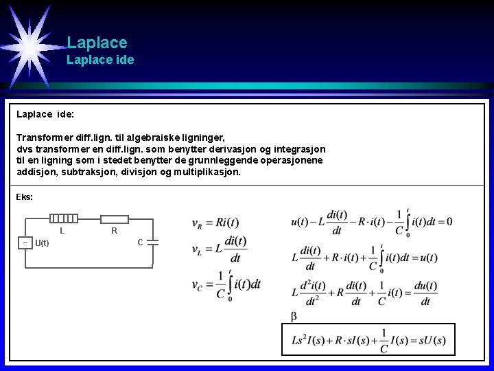 Laplace ide: Transformer diff. lign. til algebraiske ligninger, dvs transformer en diff. lign. som