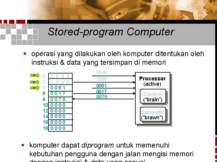 Stored-program Computer § operasi yang dilakukan oleh komputer ditentukan oleh instruksi & data yang