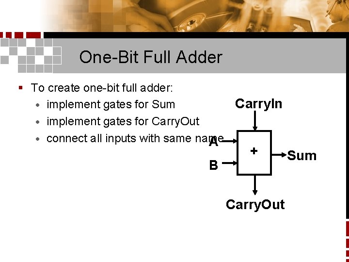 One-Bit Full Adder § To create one-bit full adder: Carry. In · implement gates