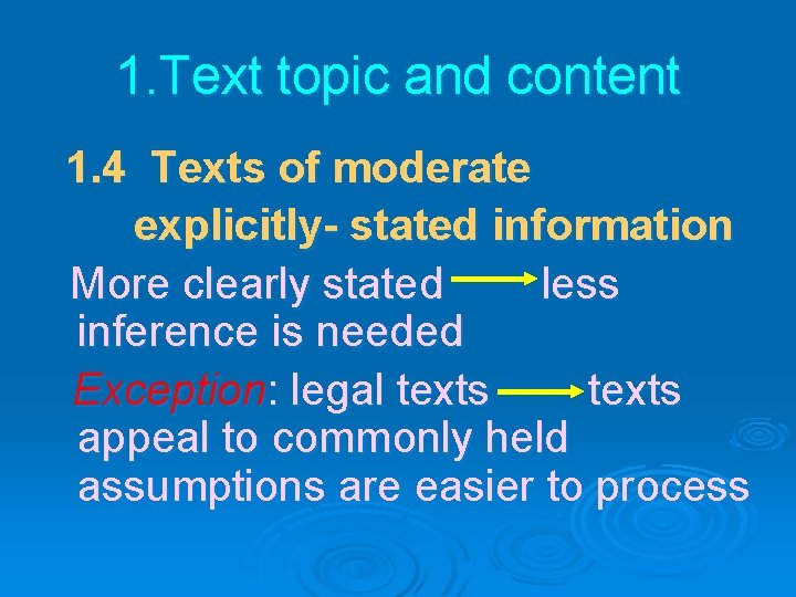 1. Text topic and content 1. 4 Texts of moderate explicitly- stated information More