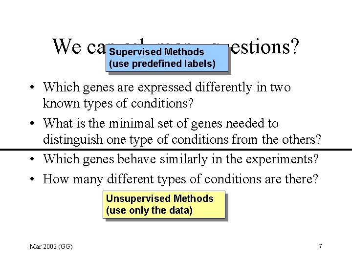 We can. Supervised ask many Methods questions? (use predefined labels) • Which genes are