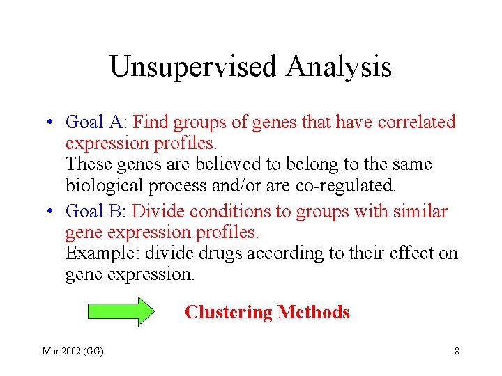 Unsupervised Analysis • Goal A: Find groups of genes that have correlated expression profiles.