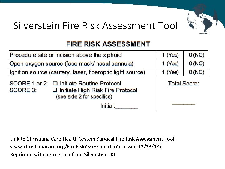 Silverstein Fire Risk Assessment Tool Link to Christiana Care Health System Surgical Fire Risk