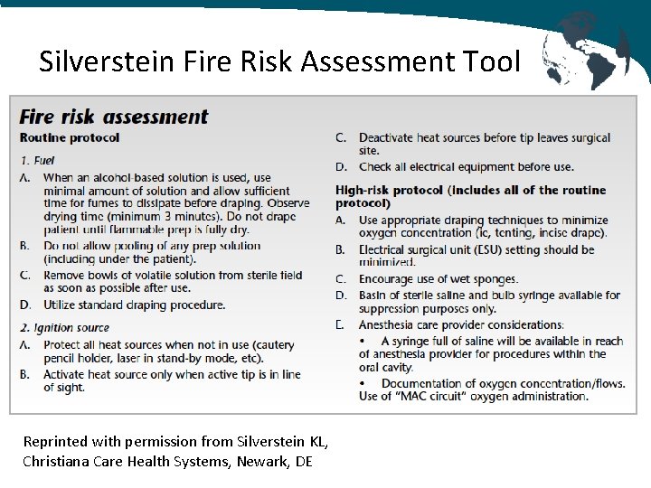 Silverstein Fire Risk Assessment Tool Reprinted with permission from Silverstein KL, Christiana Care Health