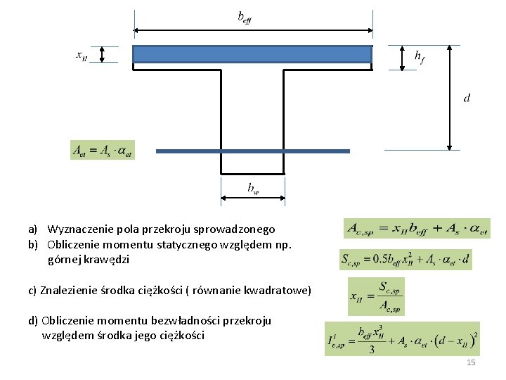 a) Wyznaczenie pola przekroju sprowadzonego b) Obliczenie momentu statycznego względem np. górnej krawędzi c)
